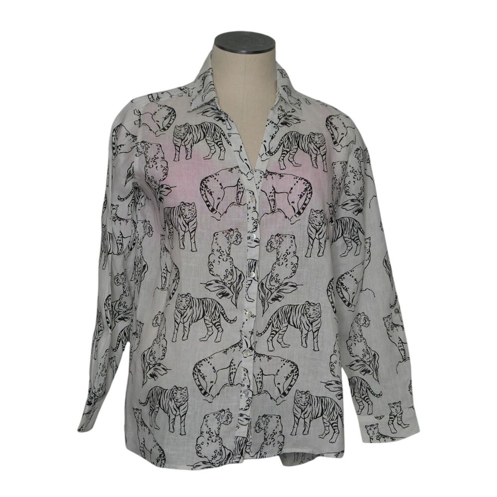 Cynthia Rowley Sz L Shirt Off White Animal Print Tiger Leopard Cheetah Linen Cat